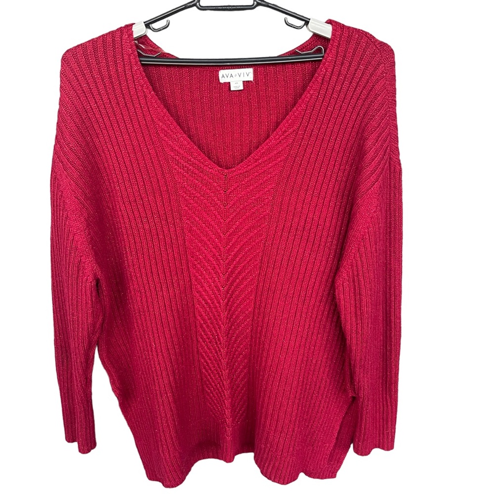 Ava & Viv Ribbed V-Neck Sweater in Red